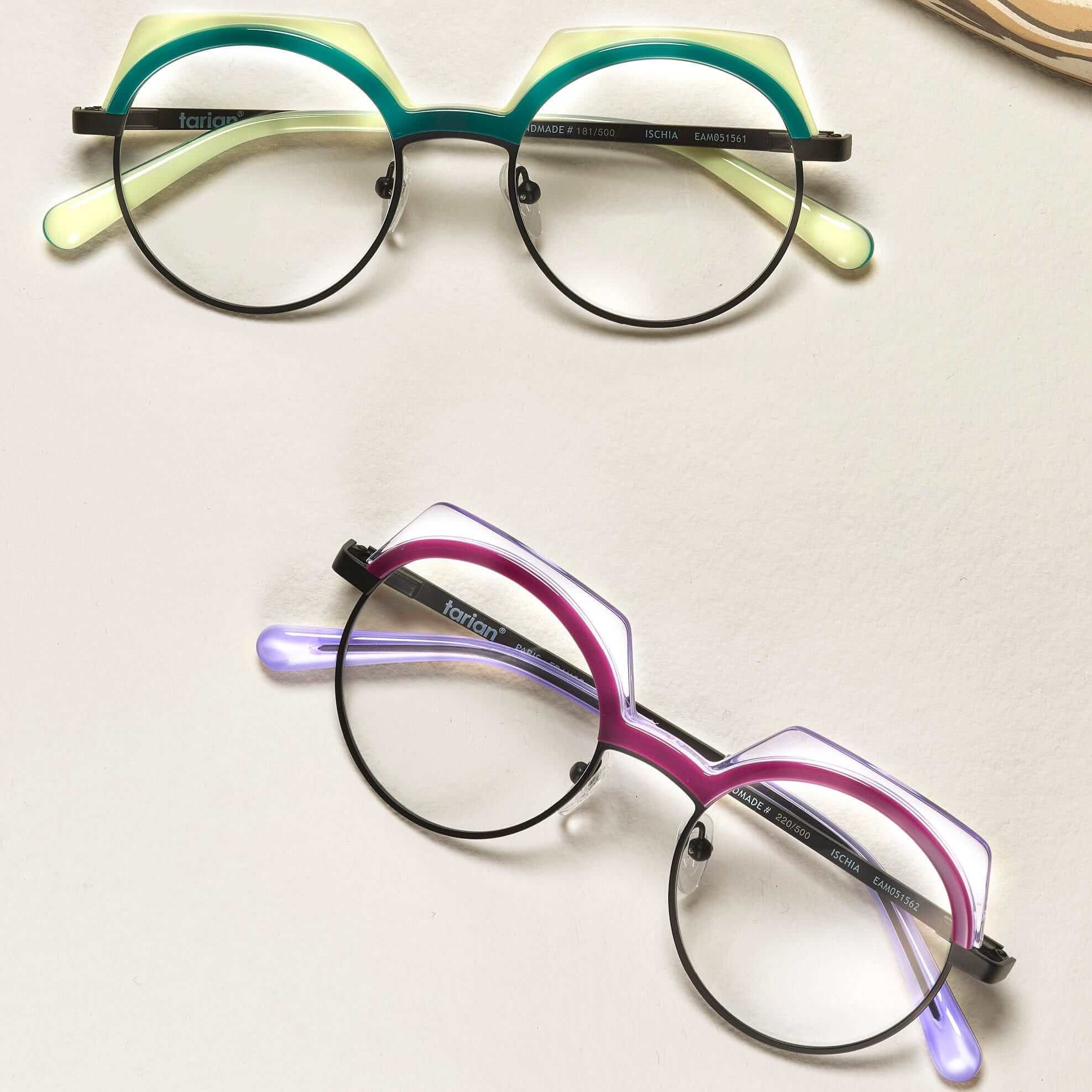Tarian-Ischia-round-eyewear-clear-purple-black-turquoise-light-green