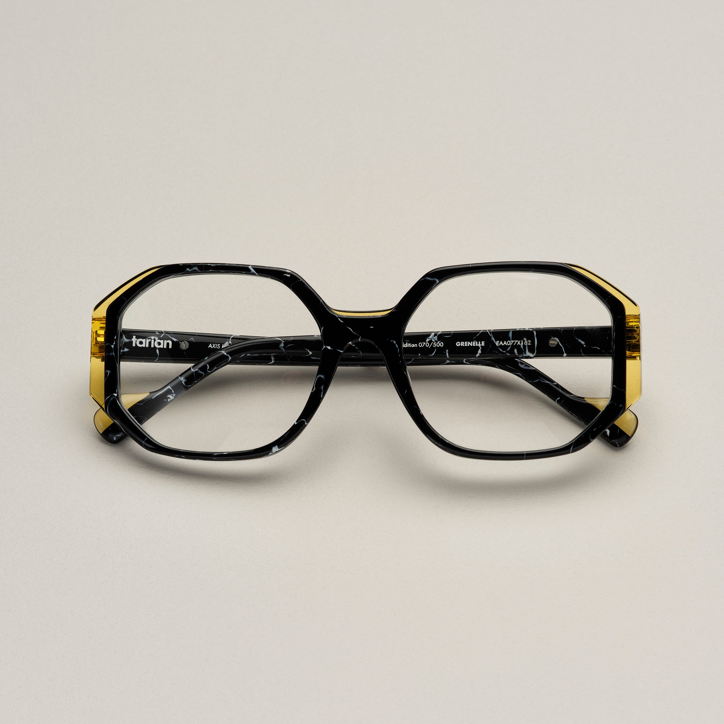 Tarian-Grenelle-square-eyewear-black&white-marble-clear-yellow