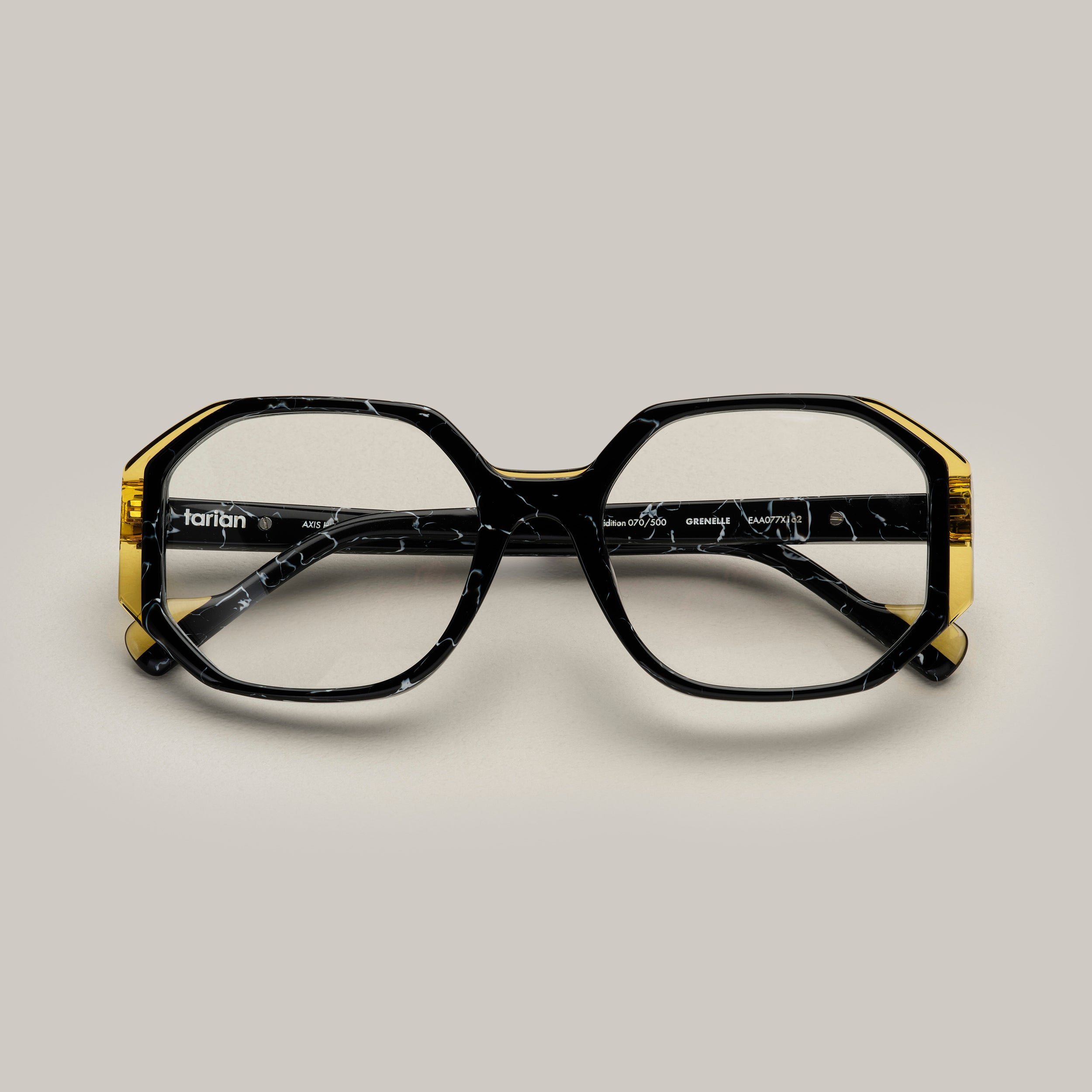 Tarian-Grenelle-square-eyewear-black&white-marble-clear-yellow