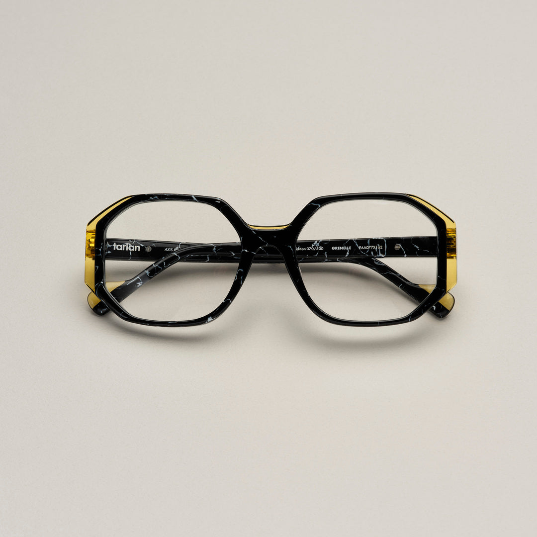 Tarian-Grenelle-square-eyewear-black&white-marble-clear-yellow