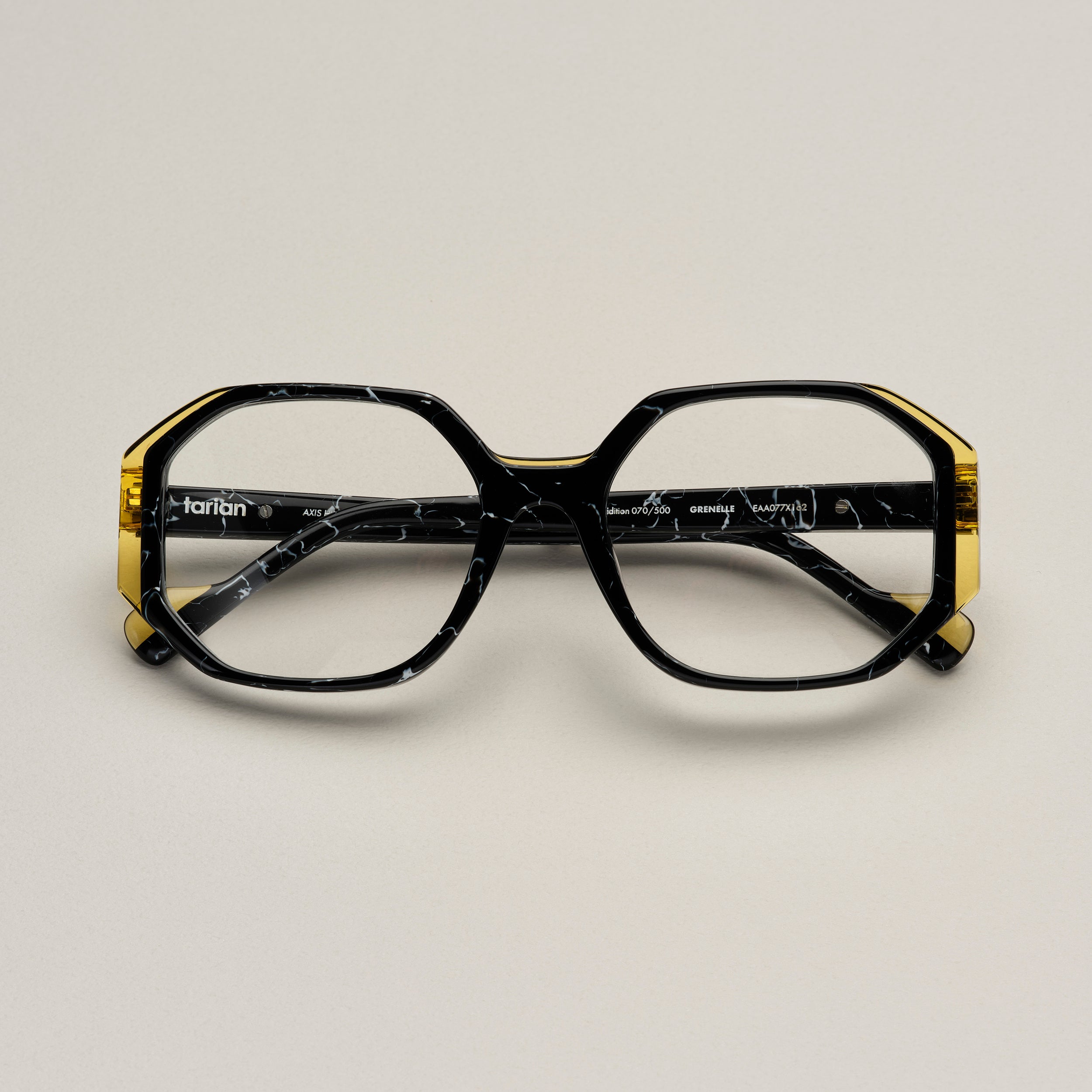 Tarian-Grenelle-square-eyewear-black&white-marble-clear-yellow